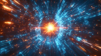 Fototapeta premium Intense blue orange light streaks radiate dynamically from glowing core abstract digital art. AI Generated