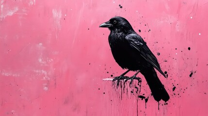 Black crow perched on pink textured surface with black ink splatter.