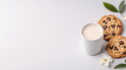 Milk, chocolate chip cookies, flowers, breakfast