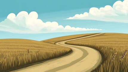 Winding Country Road Through Golden Wheat Fields