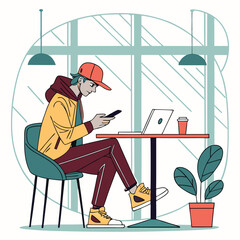 Trendy man at table with gadgets