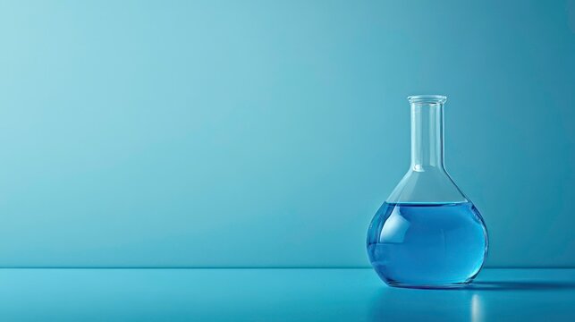 Blue liquid in a glass flask against a blue background. - Powered by Adobe