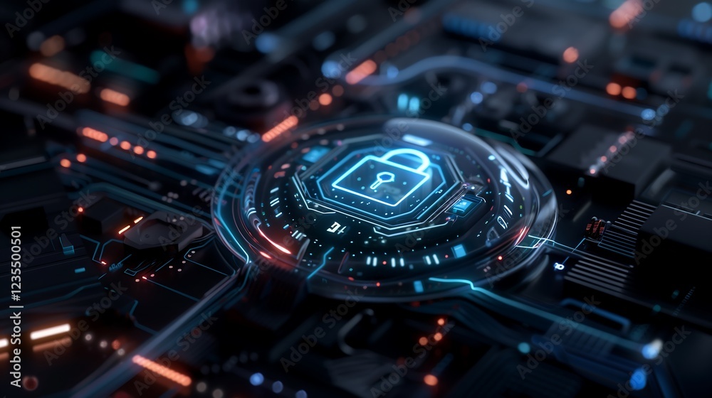 Poster a conceptual cyber security image showing a transparent shield with a glowing lock symbol, floating 