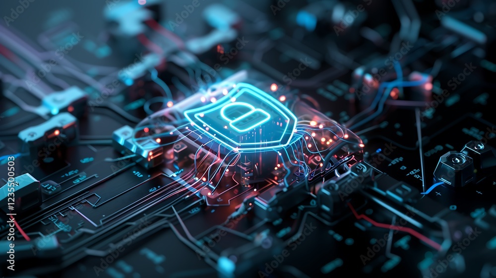 Poster a conceptual cyber security image showing a transparent shield with a glowing lock symbol, floating 