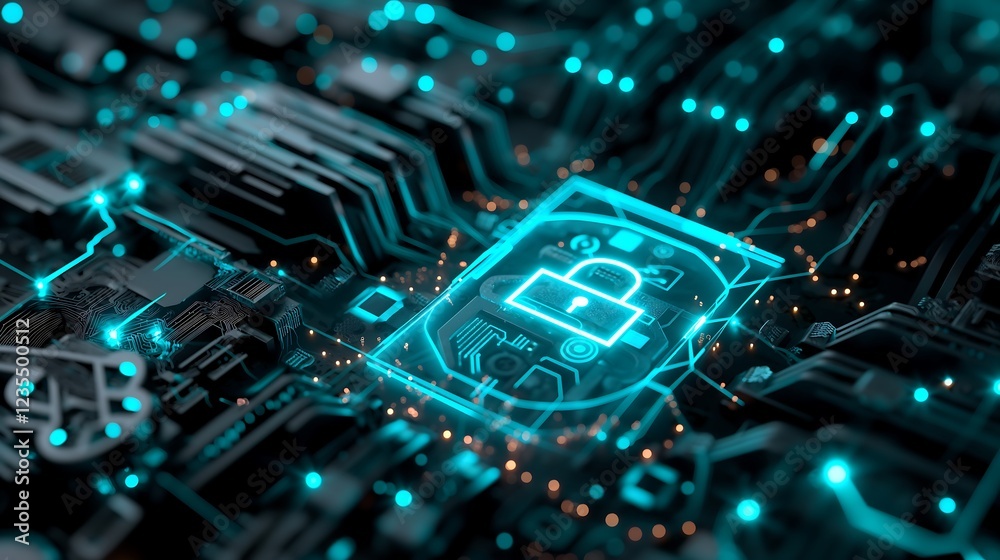 Poster a conceptual cyber security image showing a transparent shield with a glowing lock symbol, floating 