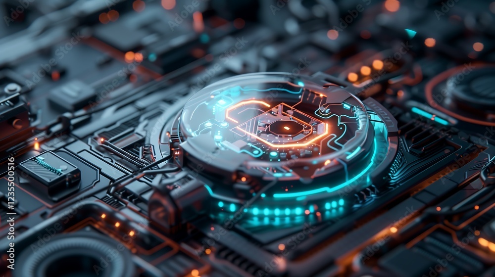 Poster a conceptual cyber security image showing a transparent shield with a glowing lock symbol, floating 
