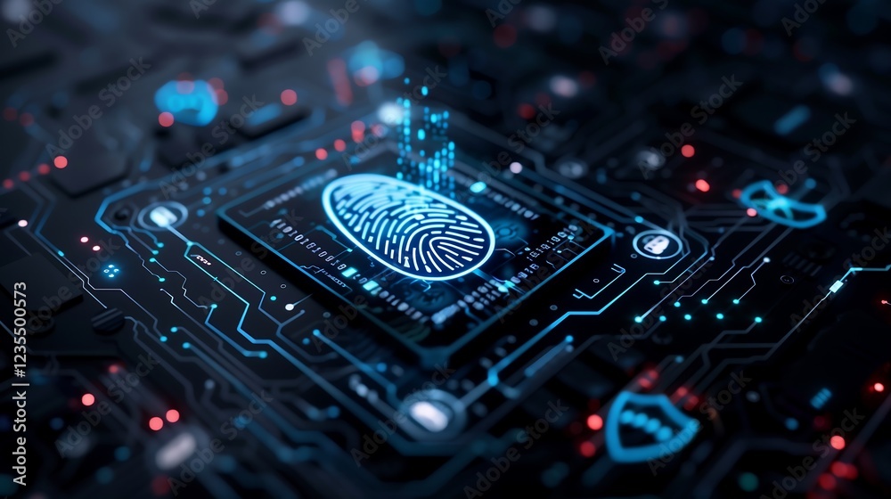 Poster a digital cyber security background with abstract shield icons and biometric fingerprints glowing in