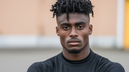 Obraz premium Close-up portrait of a young male athlete with short twisted hair, wearing a black athletic shirt, looking seriously at the camera with a blurred urban background.