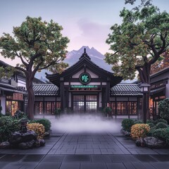 Fototapeta premium Serene Asian Dojo Misty Mountain View Traditional Architecture Zen Garden