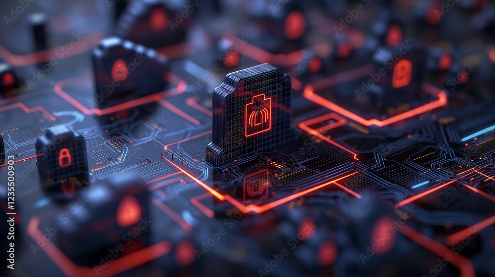 Poster abstract digital landscape with glowing firewall icons and binary code, showcasing cyber defense mec