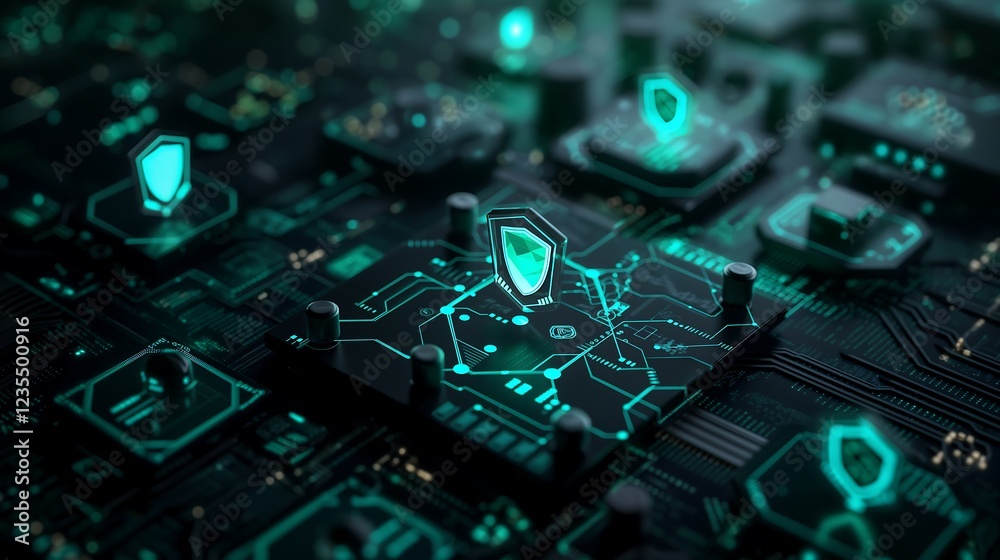 Poster abstract digital landscape with glowing firewall icons and binary code, showcasing cyber defense mec