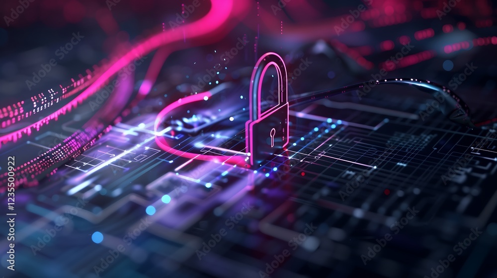 Poster abstract representation of secure cloud storage, with padlock icons and encrypted data streams in a 