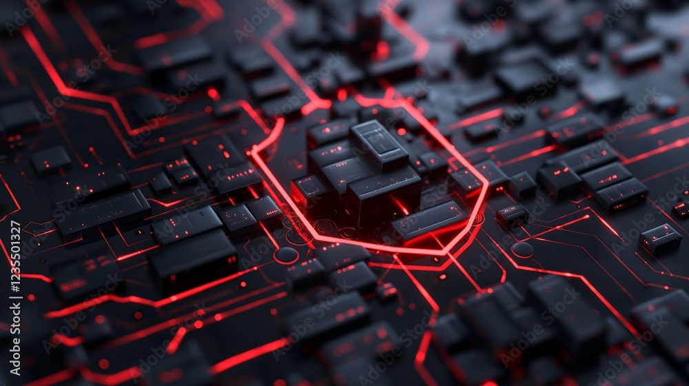 Poster digital shield icon glowing in a dark environment, representing data protection and secure network c