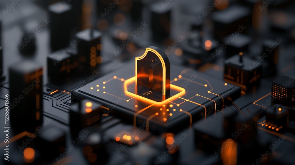 Poster digital shield icon glowing in a dark environment, representing data protection and secure network c