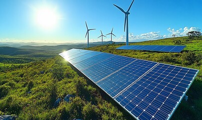 Solar Panels and Wind Turbines on a Hilltop Under a Bright Sunny Sky