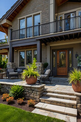 Luxury Home Exterior: Modern Stone Facade, Landscaped Garden, and Grand Entrance