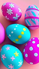 Colorful Hand-Painted Easter Eggs on Pink Background