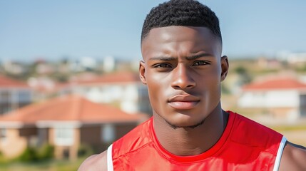 Fototapeta premium Portrait of a young male athlete in a red sleeveless sports jersey standing outdoors with a focused and determined expression.