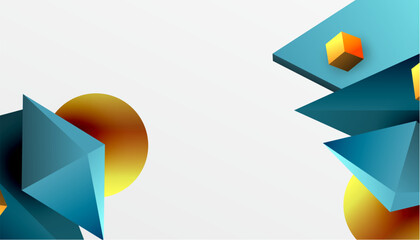 Abstract design showcasing isometric cubes, pyramids, squares, and spheres in a vibrant 3D layout. Modern and dynamic, perfect for tech, design, or futuristic themes