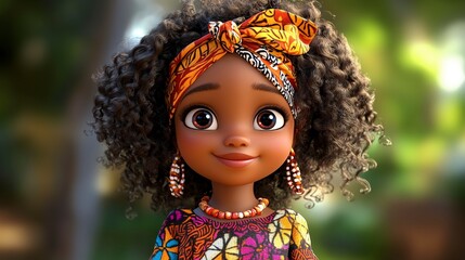 Adorable 3D Render of a Smiling Black Girl with Curly Hair and African Print Headwrap