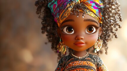 Adorable 3D Render of a Young Black Girl in Vibrant Headwrap and Traditional Clothing