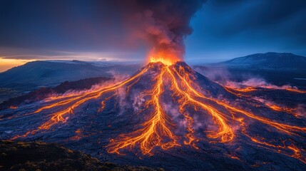 Erupting volcano at sunset, fiery lava flows.