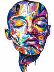 Vibrant Abstract Portrait of a Meditative Face with Psychedelic Colors, Expressing Creativity, Emotions, Consciousness, and Surreal Dreamlike Introspection in Art