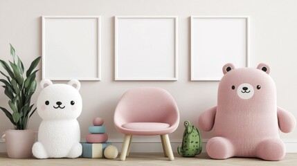 Pink and white nursery room with teddy bears, chair, and frames.