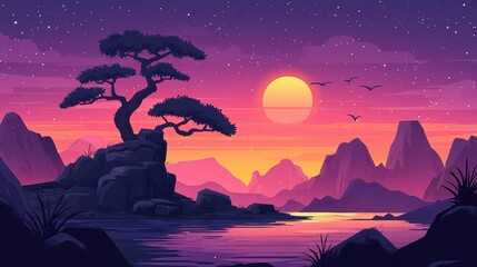 Serene Sunset Landscape With Bonsai Tree And Mountains