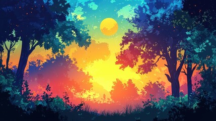 Vibrant Sunset Forest Scene With Large Yellow Moon