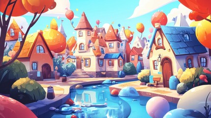 Obraz premium Colorful Fantasy Village Scene With Balloons And Canal