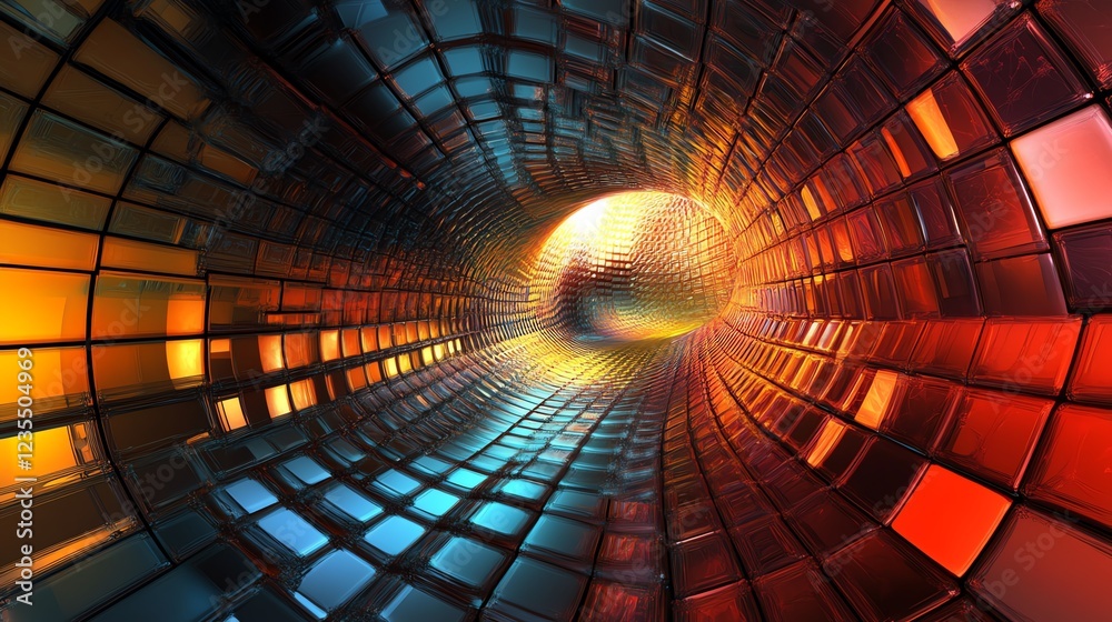 Poster vibrant tunnel of light and color showcasing a dynamic interplay of reflections and patterns