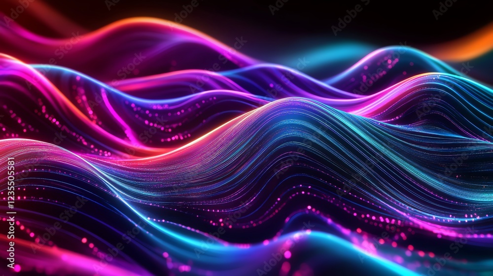 Poster bright colored waves create a mesmerizing visual display with flowing lines and patterns in a dark s
