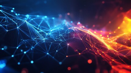 Fototapeta premium Vibrant Network of Interconnected Nodes and Lines Glowing in Blue and Orange Hues During a Digital Art Composition
