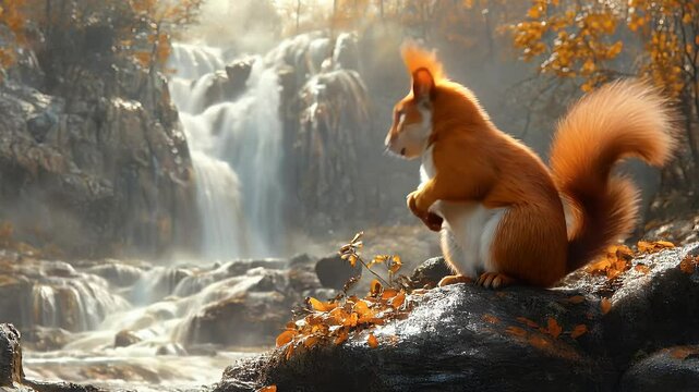 A group of squirrels in the jungle near waterfall