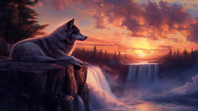 wolf howling at the sunset