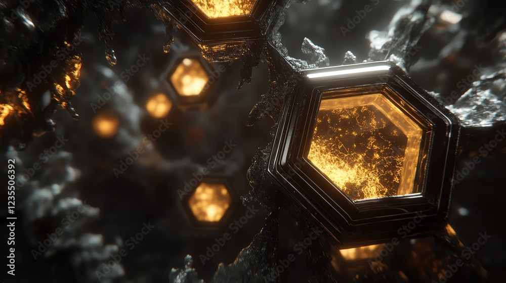 Poster intricate hexagonal structures illuminate a dark, rocky environment in a captivating display of ligh