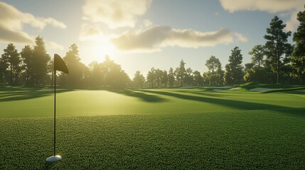 Fototapeta premium Serene Golf Course Landscape Bathed in Morning Light