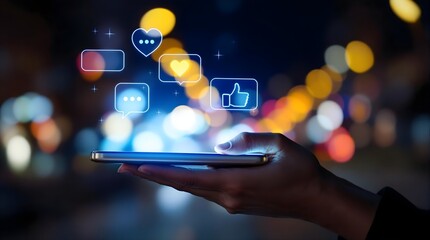 Hand holding smartphone with glowing social media icons, representing online communication, digital engagement, and social network marketing in a vibrant city night scene, perfect for technology
