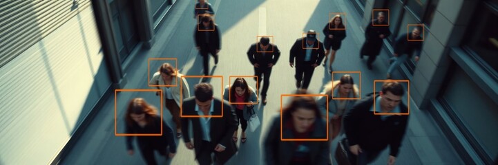 Facial detection, recognition and personal identification technology on city street. A view from a UAV drone or screenshot from video surveillance CCTV camera to monitor crime scene. Copy space