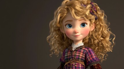 Adorable 3D Render of a Curly-Haired Girl in a Plaid Dress