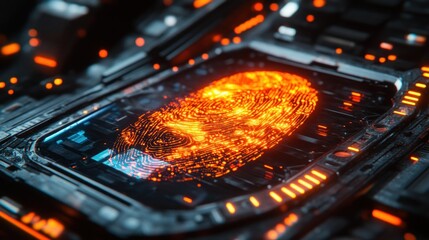 Glowing fingerprint on futuristic tech circuit.