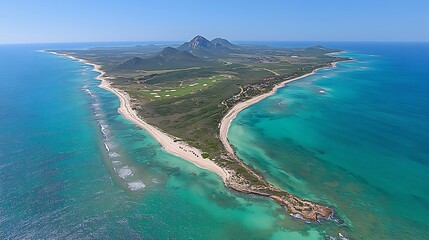 Aerial view of island, turquoise waters, golf course, mountains