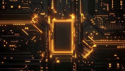 Futuristic Circuit Board with Glowing Orange Lines and Patterns