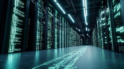Fototapeta premium Futuristic Data Center with Neon Lights and Server Racks Design