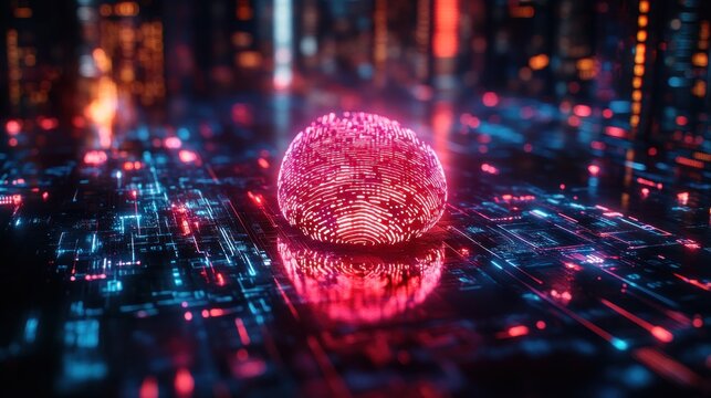 Glowing sphere on digital circuit board.