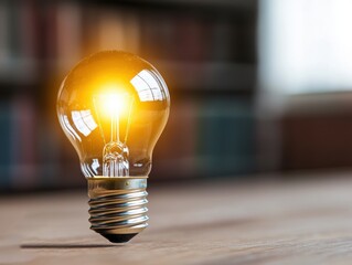 investment idea bulb bright concept. Light bulb glowing on a wooden surface with a blurred background.