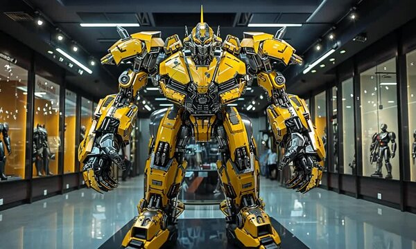 Imposing Yellow Transformer Robot in Modern Retail Setting