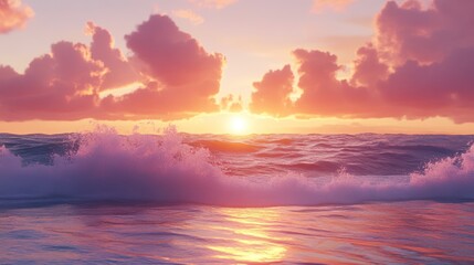 Fototapeta premium Beautiful seascape with crashing waves and sunset sky with pink and orange hues