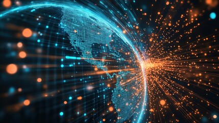 Obraz premium A dynamic motion-blur render of fast-moving data streams forming a digital Earth, illustrating the rapid connectivity of global trade networks.